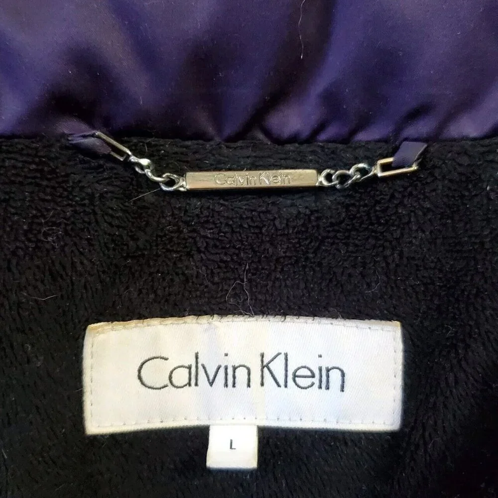 Calvin Klein Womens Down Puffer Coat L Purple Gray Faux Fur Trim Removable Hood - Picture 16 of 16